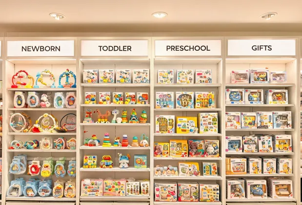 Retail shelf organized by age stage